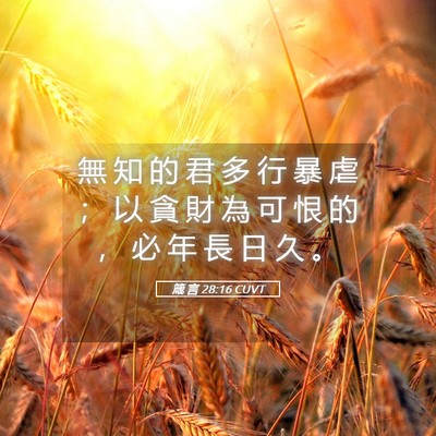Picture 05 - 箴 言 28:16 CUVT - 無 知 的 君 多 行 暴 虐 ； 以 貪 財 - Bible Verse Picture