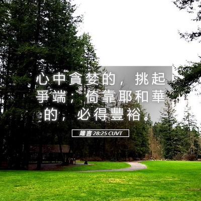 Picture 05 - 箴 言 28:25 CUVT - 心 中 貪 婪 的 ， 挑 起 爭 端 ； 倚 - Bible Verse Picture