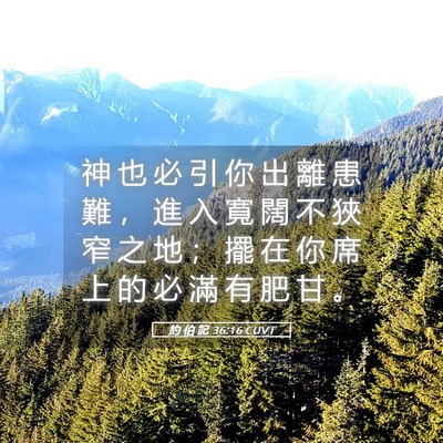 Picture 05 - 約 伯 記 36:16 CUVT - 神 也 必 引 你 出 離 患 難 ， 進 入 - Bible Verse Picture