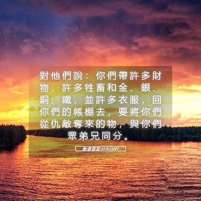 Picture 05 - 約 書 亞 記 22:8 CUVT - 對 他 們 說 ： 你 們 帶 許 多 財 物 - Bible Verse Picture