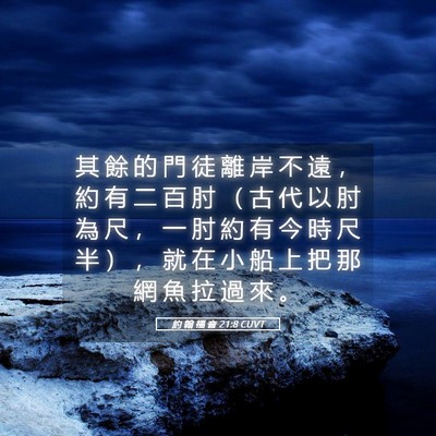 Picture 05 - 約 翰 福 音 21:8 CUVT - 其 餘 的 門 徒 離 岸 不 遠 ， 約 有 - Bible Verse Picture