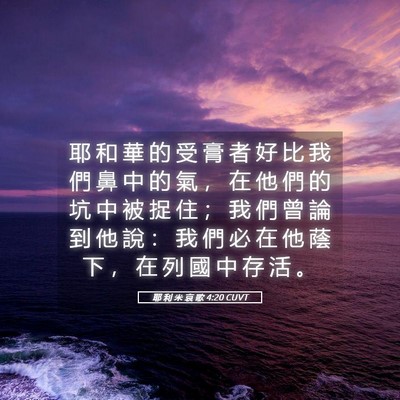 Picture 05 - 耶 利 米 哀 歌 4:20 CUVT - 耶 和 華 的 受 膏 者 好 比 我 們 鼻 - Bible Verse Picture