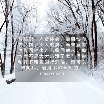 Picture 05 - 耶 利 米 書 3:1 CUVT - 有 話 說 ： 人 若 休 妻 ， 妻 離 他 - Bible Verse Picture