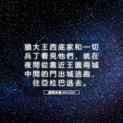 Picture 05 - 耶 利 米 書 39:4 CUVT - 猶 大 王 西 底 家 和 一 切 兵 丁 看 - Bible Verse Picture