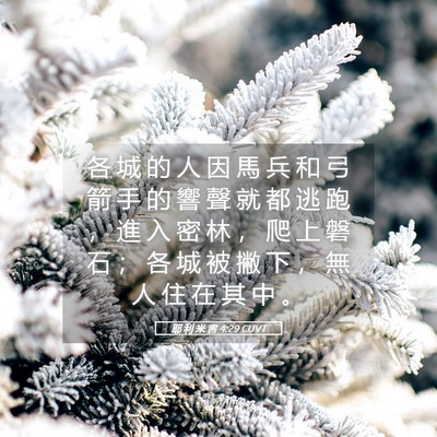 Picture 05 - 耶 利 米 書 4:29 CUVT - 各 城 的 人 因 馬 兵 和 弓 箭 手 的 - Bible Verse Picture