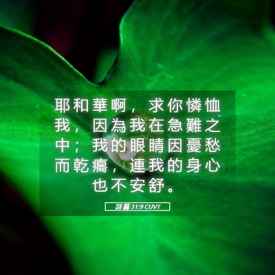 Picture 05 - 詩 篇 31:9 CUVT - 耶 和 華 啊 ， 求 你 憐 恤 我 ， 因 - Bible Verse Picture