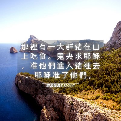 Picture 05 - 路 加 福 音 8:32 CUVT - 那 裡 有 一 大 群 豬 在 山 上 吃 食 - Bible Verse Picture