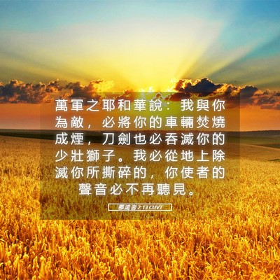 Picture 05 - 那 鴻 書 2:13 CUVT - 萬 軍 之 耶 和 華 說 ： 我 與 你 為 - Bible Verse Picture
