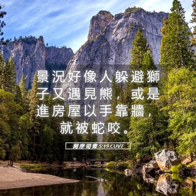 Picture 05 - 阿 摩 司 書 5:19 CUVT - 景 況 好 像 人 躲 避 獅 子 又 遇 見 - Bible Verse Picture