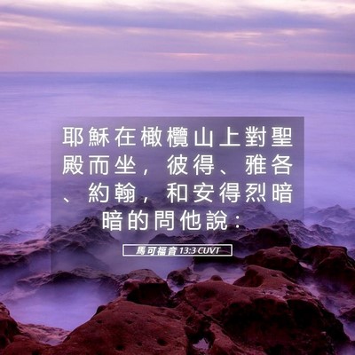 Picture 05 - 馬 可 福 音 13:3 CUVT - 耶 穌 在 橄 欖 山 上 對 聖 殿 而 坐 - Bible Verse Picture