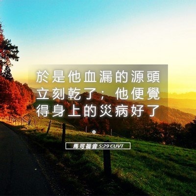 Picture 05 - 馬 可 福 音 5:29 CUVT - 於 是 他 血 漏 的 源 頭 立 刻 乾 了 - Bible Verse Picture