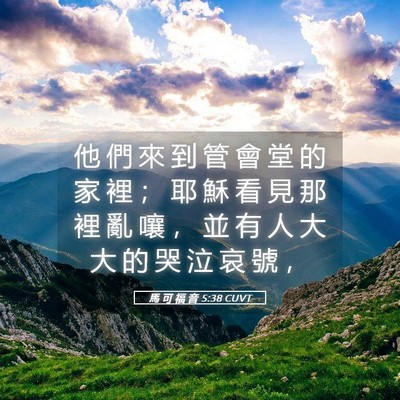 Picture 05 - 馬 可 福 音 5:38 CUVT - 他 們 來 到 管 會 堂 的 家 裡 ； 耶 - Bible Verse Picture