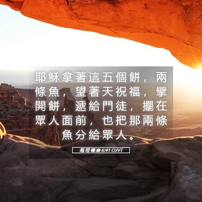 Picture 05 - 馬 可 福 音 6:41 CUVT - 耶 穌 拿 著 這 五 個 餅 ， 兩 條 魚 - Bible Verse Picture
