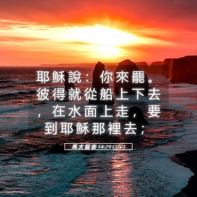 Picture 05 - 馬 太 福 音 14:29 CUVT - 耶 穌 說 ： 你 來 罷 。 彼 得 就 從 - Bible Verse Picture