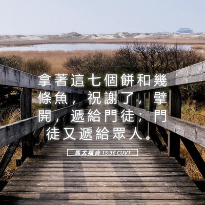 Picture 05 - 馬 太 福 音 15:36 CUVT - 拿 著 這 七 個 餅 和 幾 條 魚 ， 祝 - Bible Verse Picture