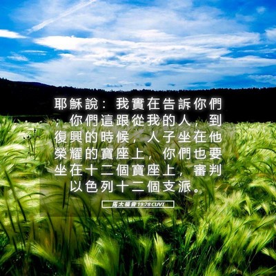 Picture 05 - 馬 太 福 音 19:28 CUVT - 耶 穌 說 ： 我 實 在 告 訴 你 們 ， - Bible Verse Picture