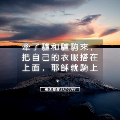 Picture 05 - 馬 太 福 音 21:7 CUVT - 牽 了 驢 和 驢 駒 來 ， 把 自 己 的 - Bible Verse Picture