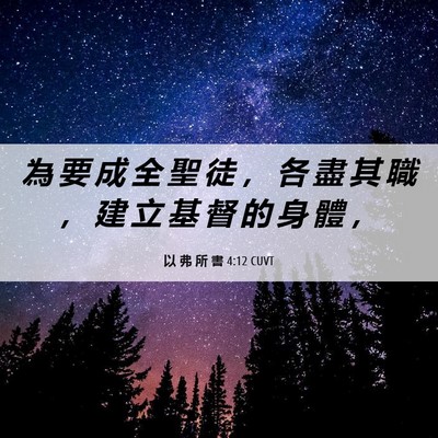 Picture 06 - 以 弗 所 書 4:12 CUVT - 為 要 成 全 聖 徒 ， 各 盡 其 職 ， - Bible Verse Picture