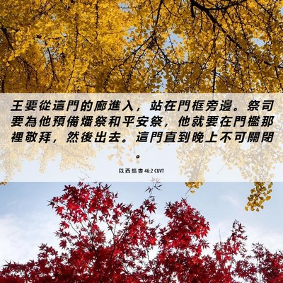 Picture 06 - 以 西 結 書 46:2 CUVT - 王 要 從 這 門 的 廊 進 入 ， 站 在 - Bible Verse Picture