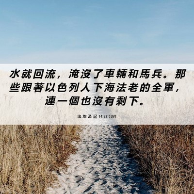 Picture 06 - 出 埃 及 記 14:28 CUVT - 水 就 回 流 ， 淹 沒 了 車 輛 和 馬 - Bible Verse Picture