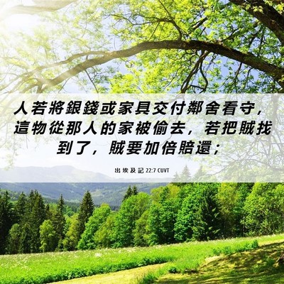 Picture 06 - 出 埃 及 記 22:7 CUVT - 人 若 將 銀 錢 或 家 具 交 付 鄰 舍 - Bible Verse Picture