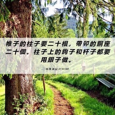Picture 06 - 出 埃 及 記 27:10 CUVT - 帷 子 的 柱 子 要 二 十 根 ， 帶 卯 - Bible Verse Picture
