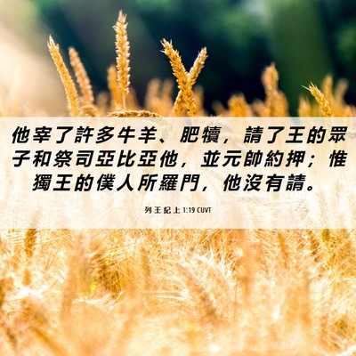 Picture 06 - 列 王 紀 上 1:19 CUVT - 他 宰 了 許 多 牛 羊 、 肥 犢 ， 請 - Bible Verse Picture