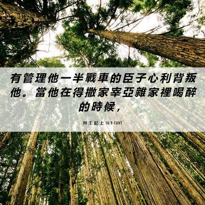 Picture 06 - 列 王 紀 上 16:9 CUVT - 有 管 理 他 一 半 戰 車 的 臣 子 心 - Bible Verse Picture