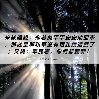 Picture 06 - 列 王 紀 上 22:28 CUVT - 米 該 雅 說 ： 你 若 能 平 平 安 安 - Bible Verse Picture