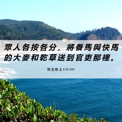 Picture 06 - 列 王 紀 上 4:28 CUVT - 眾 人 各 按 各 分 ， 將 養 馬 與 快 - Bible Verse Picture