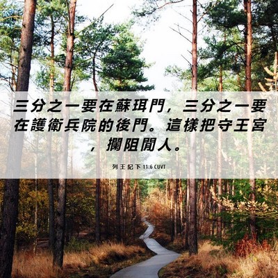 Picture 06 - 列 王 紀 下 11:6 CUVT - 三 分 之 一 要 在 蘇 珥 門 ， 三 分 - Bible Verse Picture