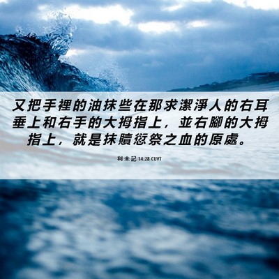 Picture 06 - 利 未 記 14:28 CUVT - 又 把 手 裡 的 油 抹 些 在 那 求 潔 - Bible Verse Picture