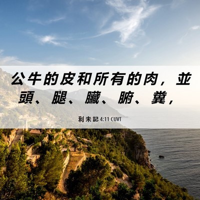 Picture 06 - 利 未 記 4:11 CUVT - 公 牛 的 皮 和 所 有 的 肉 ， 並 頭 - Bible Verse Picture