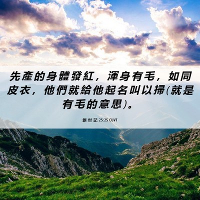 Picture 06 - 創 世 記 25:25 CUVT - 先 產 的 身 體 發 紅 ， 渾 身 有 毛 - Bible Verse Picture