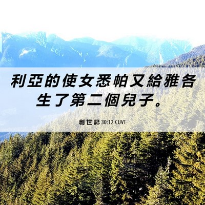 Picture 06 - 創 世 記 30:12 CUVT - 利 亞 的 使 女 悉 帕 又 給 雅 各 生 - Bible Verse Picture