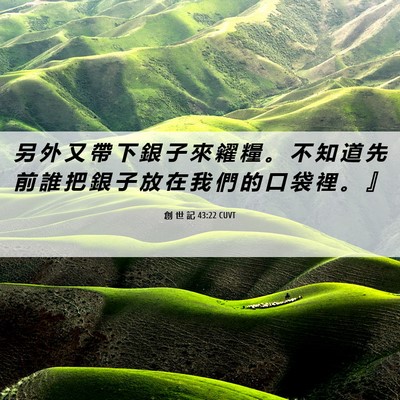 Picture 06 - 創 世 記 43:22 CUVT - 另 外 又 帶 下 銀 子 來 糴 糧 。 不 - Bible Verse Picture