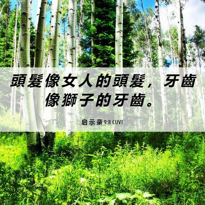 Picture 06 - 启 示 录 9:8 CUVT - 頭 髮 像 女 人 的 頭 髮 ， 牙 齒 像 - Bible Verse Picture