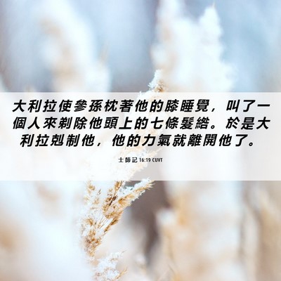 Picture 06 - 士 師 記 16:19 CUVT - 大 利 拉 使 參 孫 枕 著 他 的 膝 睡 - Bible Verse Picture