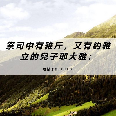 Picture 06 - 尼 希 米 記 11:10 CUVT - 祭 司 中 有 雅 斤 ， 又 有 約 雅 立 - Bible Verse Picture