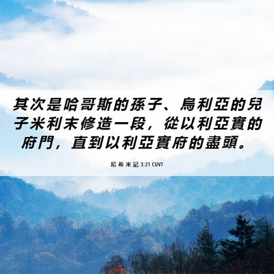 Picture 06 - 尼 希 米 記 3:21 CUVT - 其 次 是 哈 哥 斯 的 孫 子 、 烏 利 - Bible Verse Picture