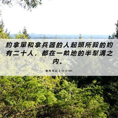 Picture 06 - 撒 母 耳 記 上 14:14 CUVT - 約 拿 單 和 拿 兵 器 的 人 起 頭 所 - Bible Verse Picture