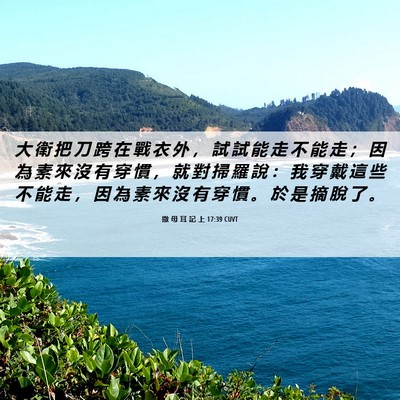 Picture 06 - 撒 母 耳 記 上 17:39 CUVT - 大 衛 把 刀 跨 在 戰 衣 外 ， 試 試 - Bible Verse Picture