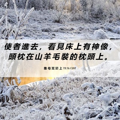 Picture 06 - 撒 母 耳 記 上 19:16 CUVT - 使 者 進 去 ， 看 見 床 上 有 神 像 - Bible Verse Picture