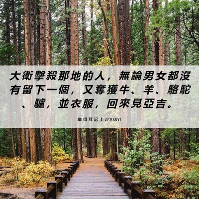 Picture 06 - 撒 母 耳 記 上 27:9 CUVT - 大 衛 擊 殺 那 地 的 人 ， 無 論 男 - Bible Verse Picture