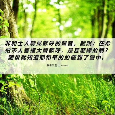 Picture 06 - 撒 母 耳 記 上 4:6 CUVT - 非 利 士 人 聽 見 歡 呼 的 聲 音 ， - Bible Verse Picture