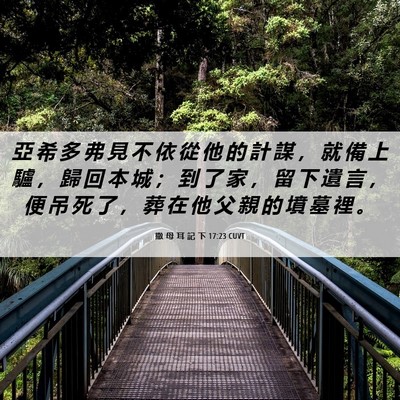 Picture 06 - 撒 母 耳 記 下 17:23 CUVT - 亞 希 多 弗 見 不 依 從 他 的 計 謀 - Bible Verse Picture