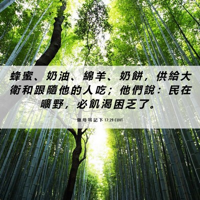 Picture 06 - 撒 母 耳 記 下 17:29 CUVT - 蜂 蜜 、 奶 油 、 綿 羊 、 奶 餅 ， - Bible Verse Picture