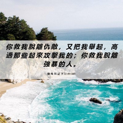 Picture 06 - 撒 母 耳 記 下 22:49 CUVT - 你 救 我 脫 離 仇 敵 ， 又 把 我 舉 - Bible Verse Picture