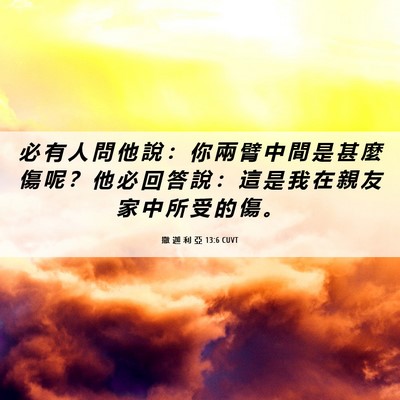 Picture 06 - 撒 迦 利 亞 13:6 CUVT - 必 有 人 問 他 說 ： 你 兩 臂 中 間 - Bible Verse Picture