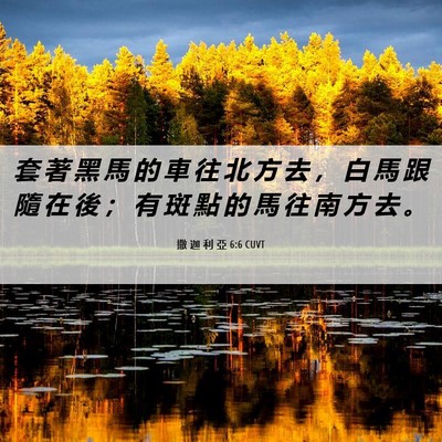 Picture 06 - 撒 迦 利 亞 6:6 CUVT - 套 著 黑 馬 的 車 往 北 方 去 ， 白 - Bible Verse Picture